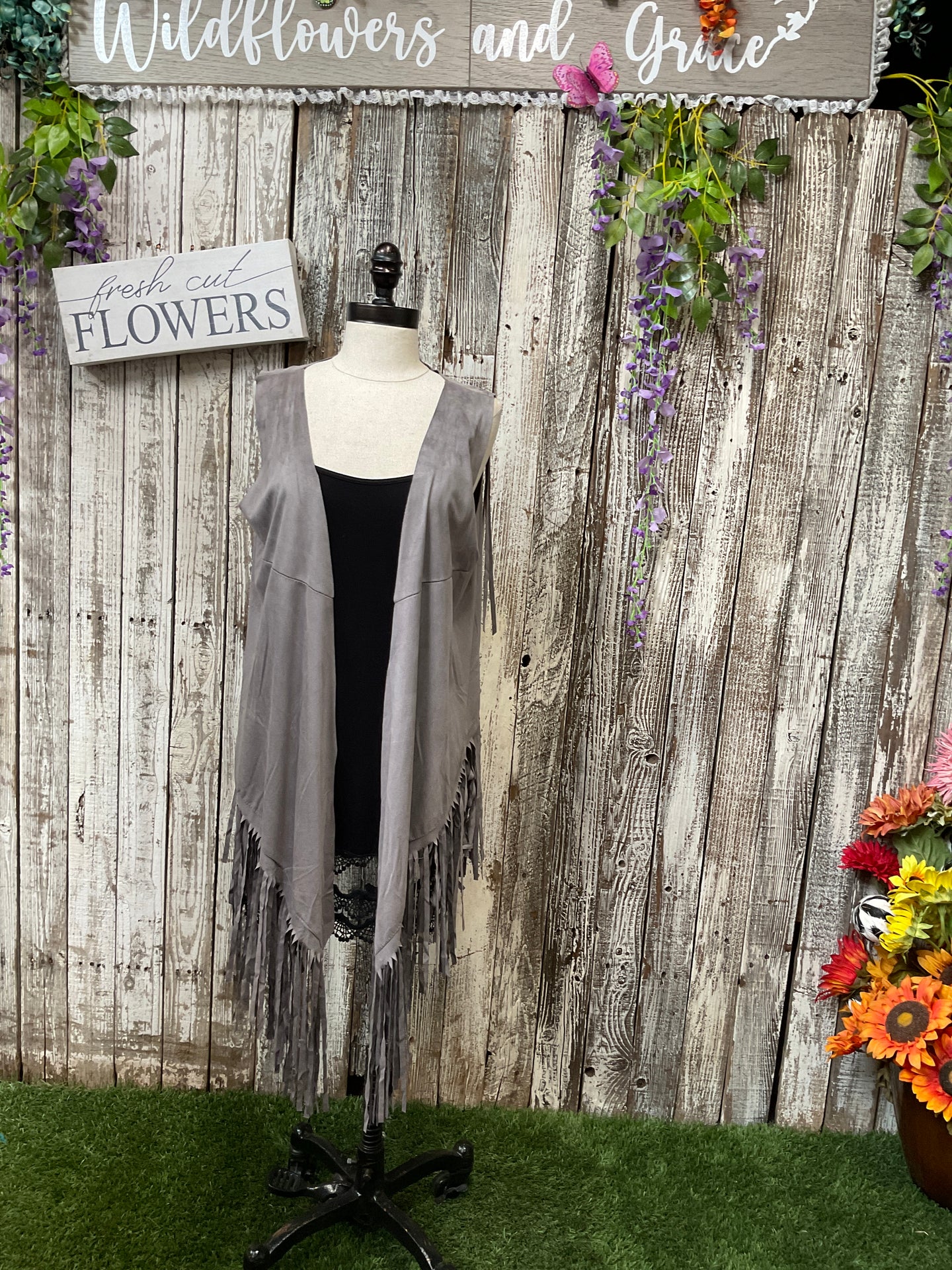 Light Grey Sued Fringe Vest