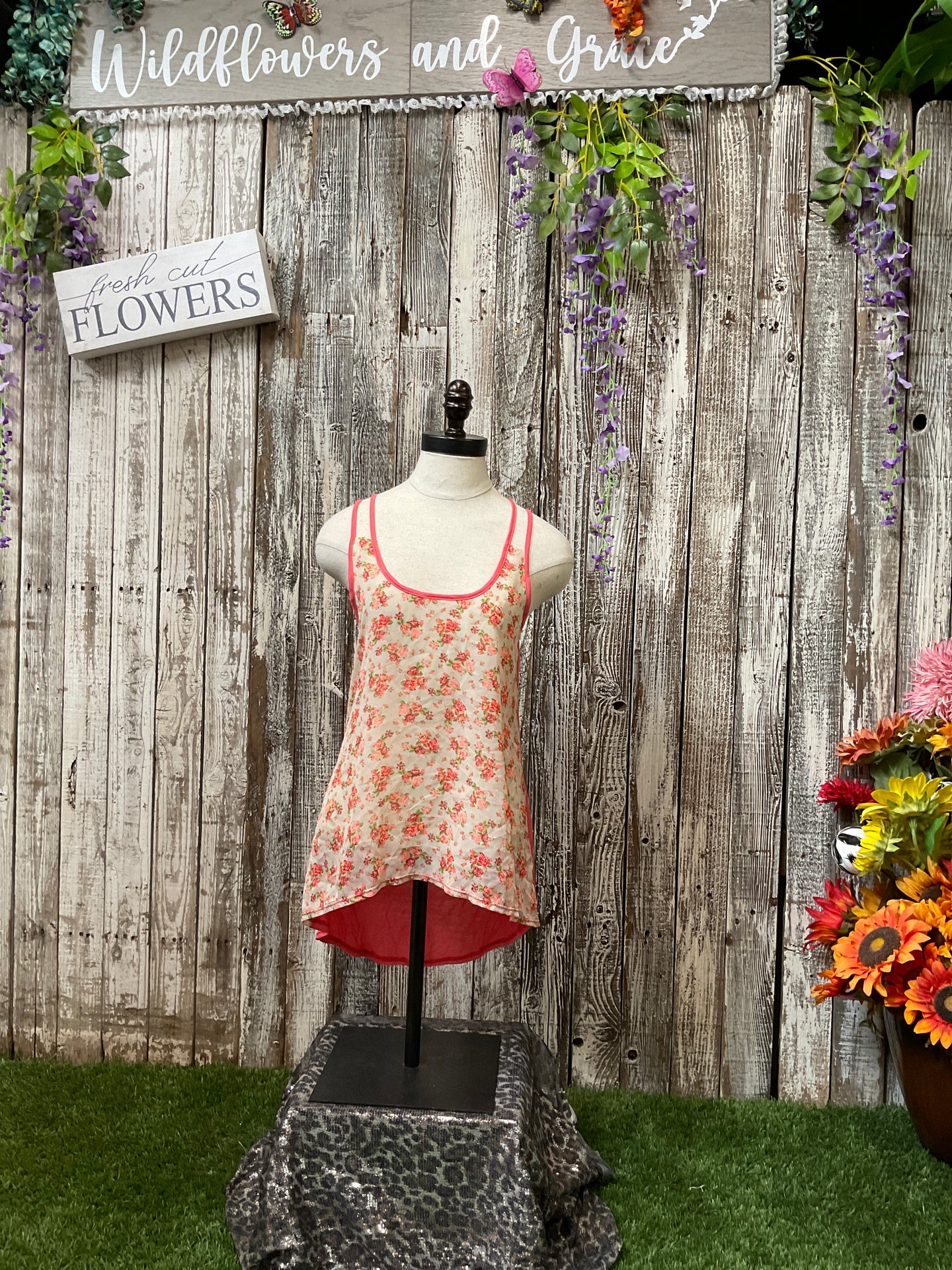Pink Floral Open Shoulder Tank