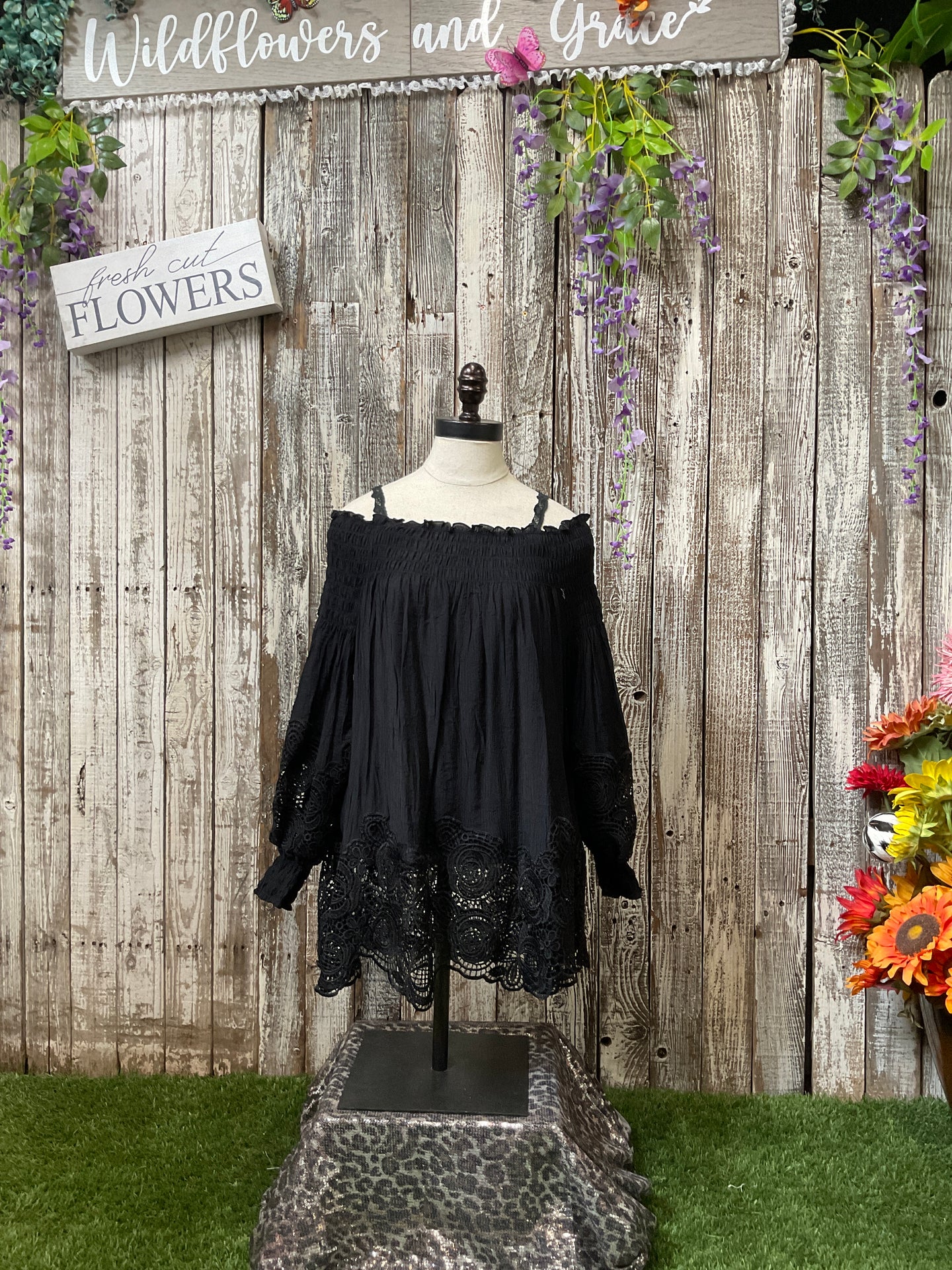 Black Off the Shoulder Long Sleeved Boho Top