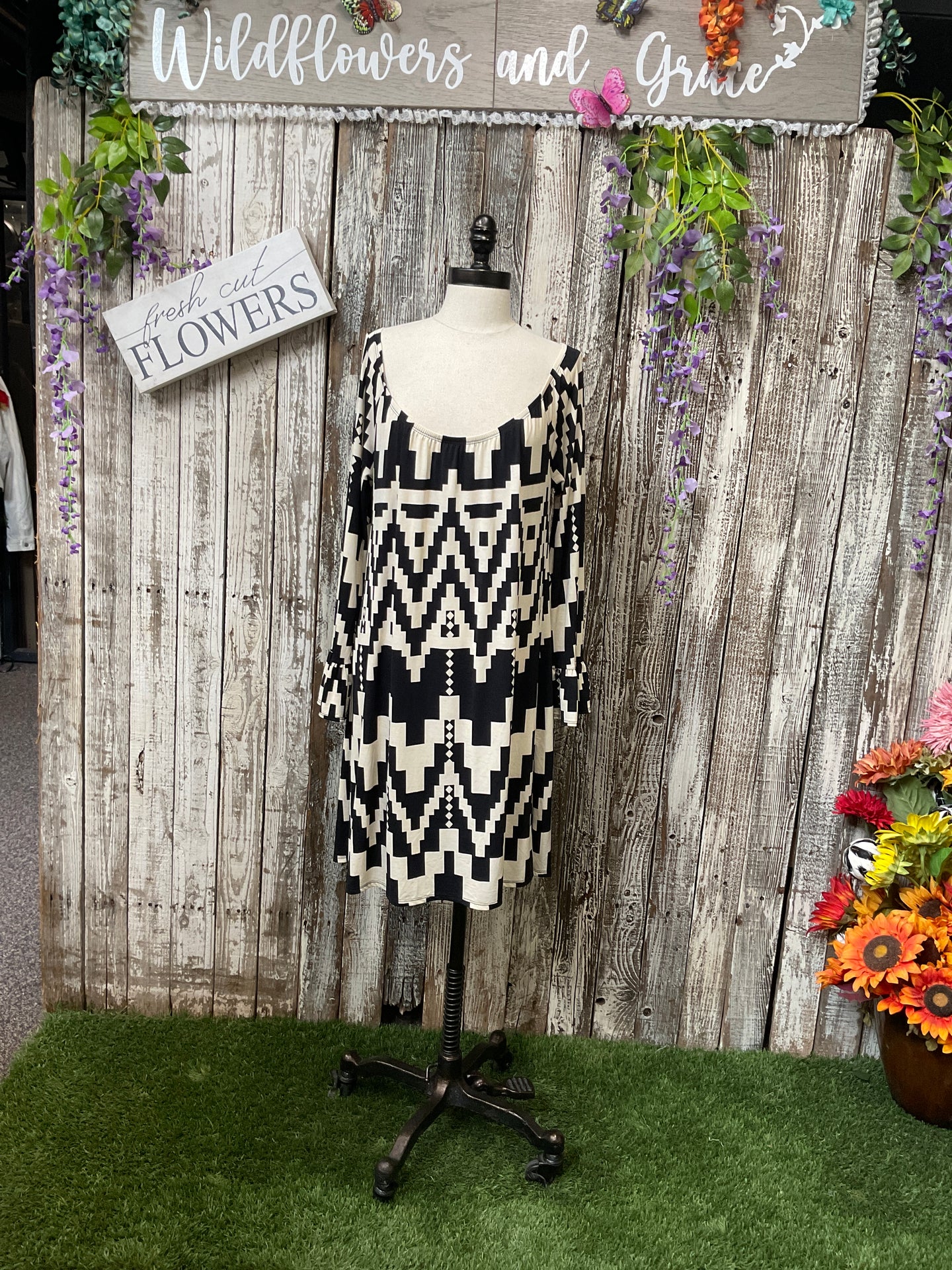 Black & Cream Off the Shoulder Dress